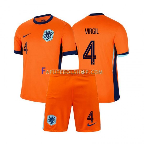 Camisa 1 Países Baixos Virgil van Dijk 4 Euro 2024 manga curta ,infantil