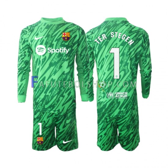 Camisa Goleiro 1 FC Barcelona Verde Ter Stegen 1 2024-2025 manga longa ,infantil