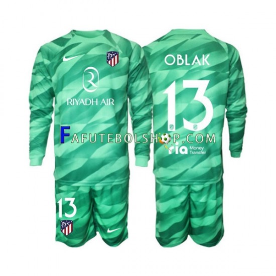 Camisa Goleiro 2 Atlético de Madrid Verde Jan Oblak 13 2023-2024 manga longa ,infantil