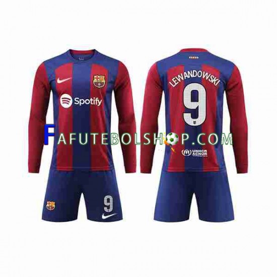 Camisa 1 FC Barcelona LEWANDOWSKI 9 2023-2024 manga longa ,infantil