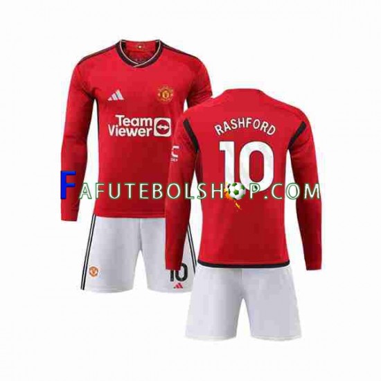 Camisa 1 Manchester United Marcus Rashford 10 2023-2024 manga longa ,infantil