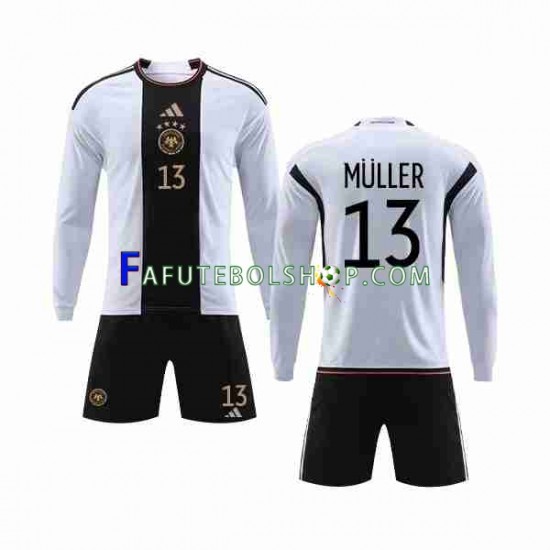 Camisa 1 Alemanha MULLER 13 Copa Do Mundo 2022 manga longa ,infantil