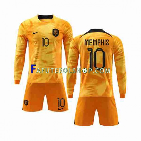 Camisa 1 Países Baixos Memphis 10 Copa Do Mundo 2022 manga longa ,infantil